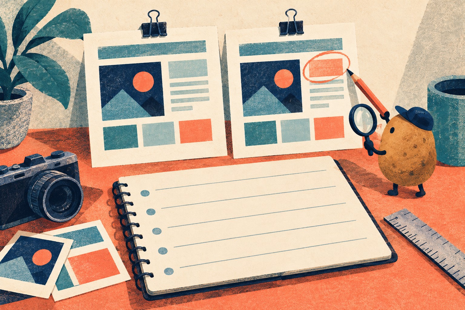 A notebook sits below two abstract layouts with one difference circled.