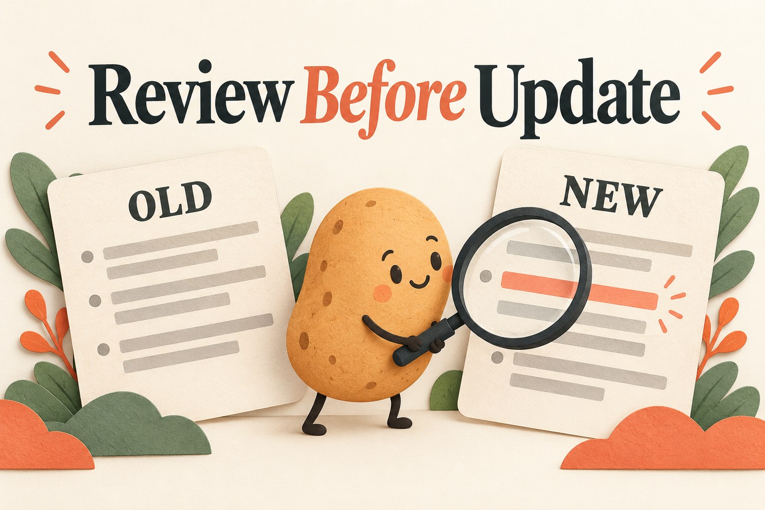 A potato reviewer inspects a highlighted line between OLD and NEW cards under Review Before Update.