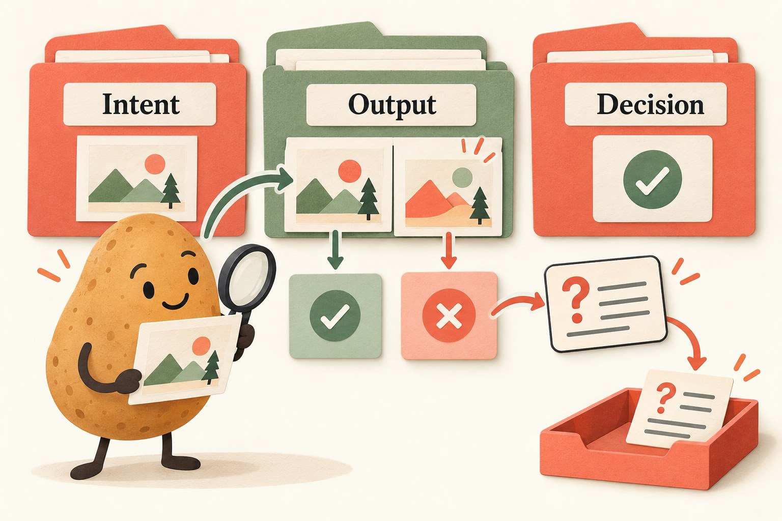 Intent, Output and Decision folders accompany matching and differing picture cards and an unresolved-question tray.