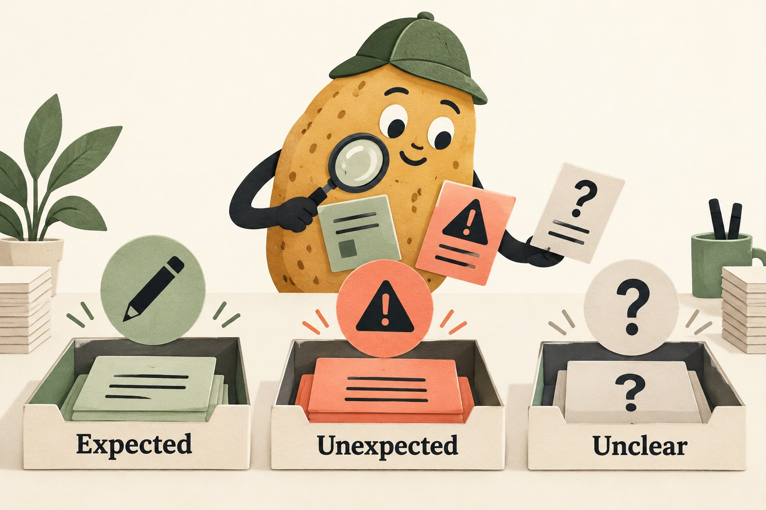 A potato sorts cards into Expected, Unexpected and Unclear trays.