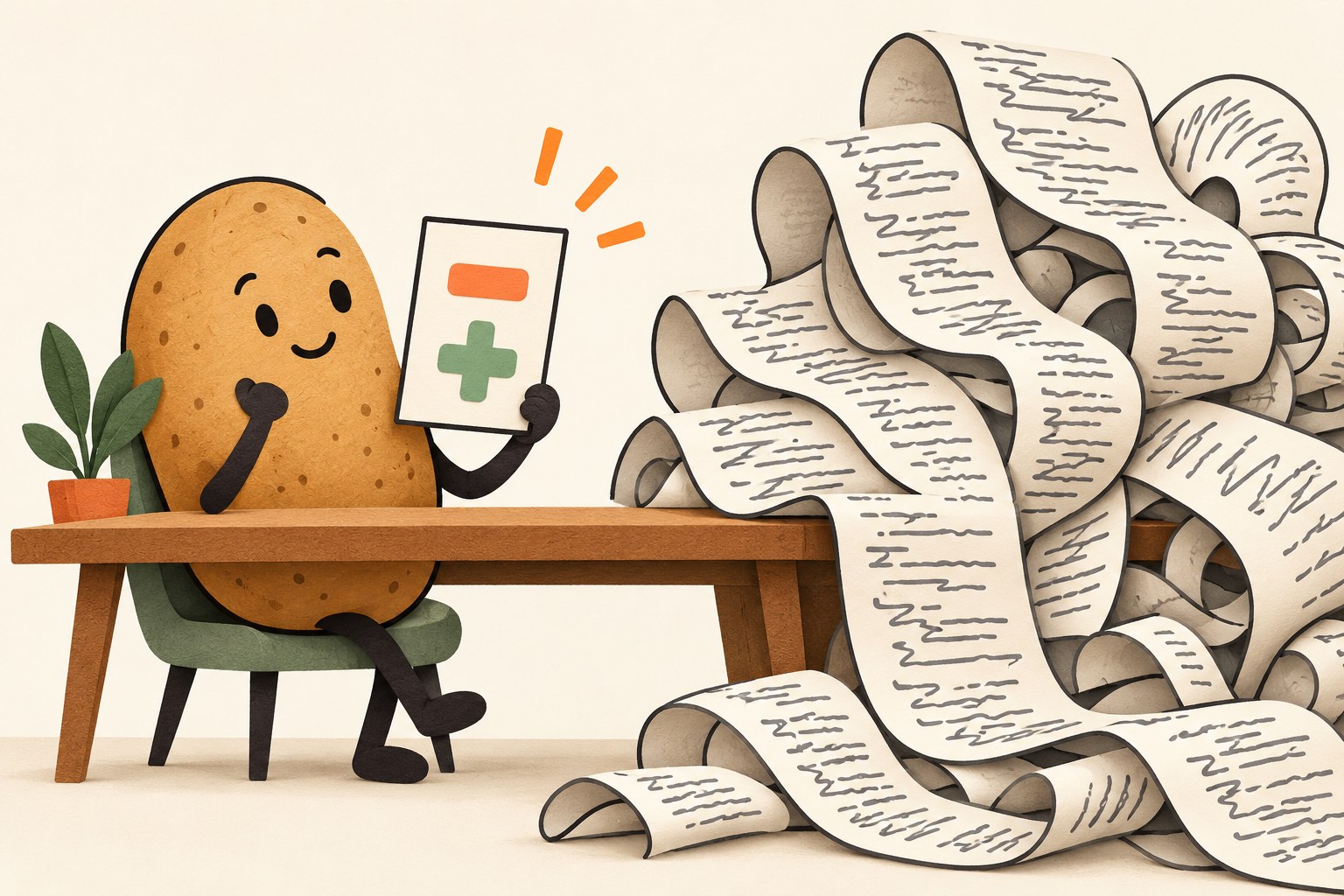 A potato holds a small plus-and-minus change card beside a tangled long paper roll.