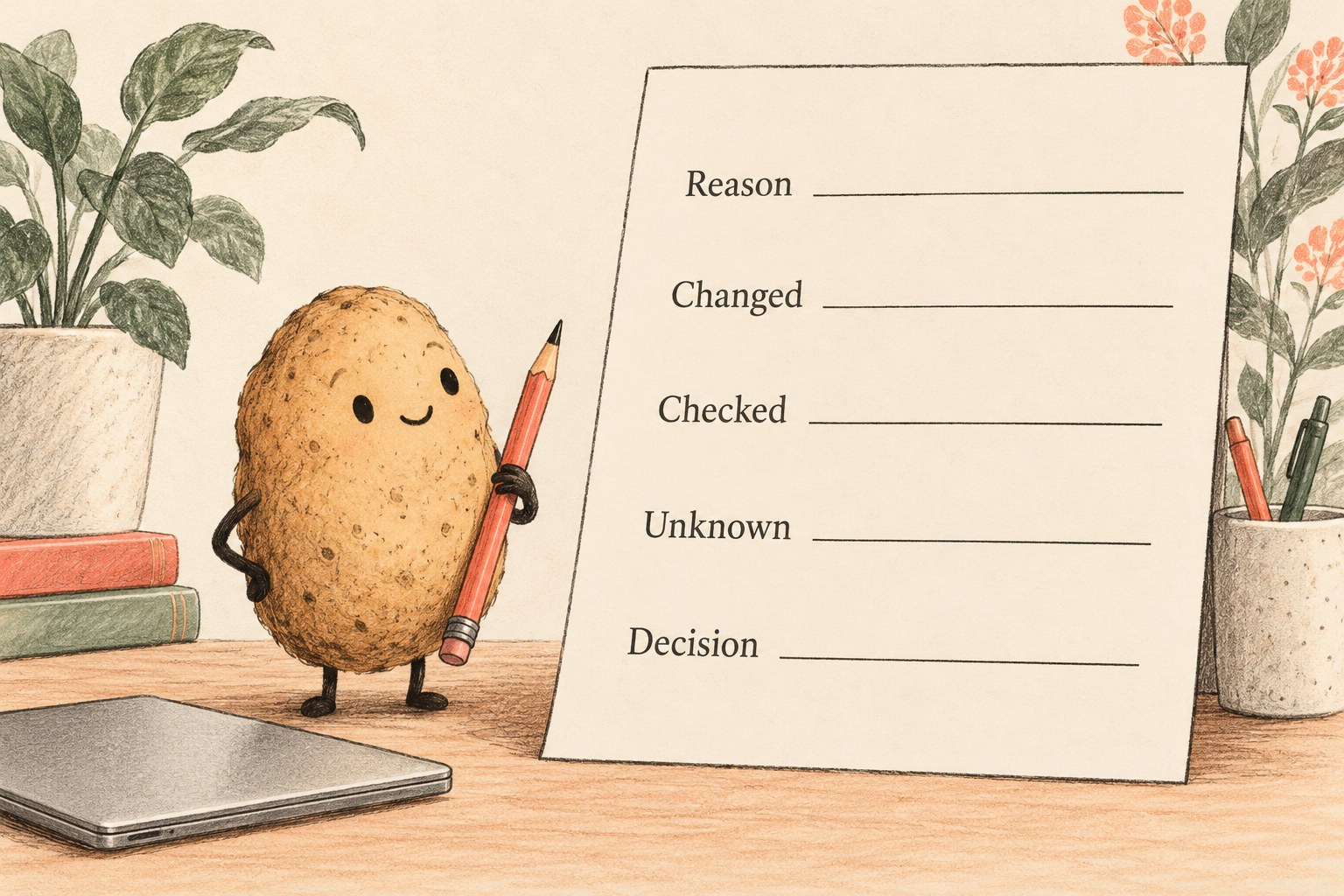 A blank form has Reason, Changed, Checked, Unknown and Decision fields beside a potato holding a pencil.