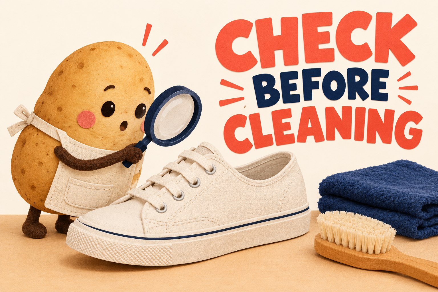 A potato caretaker inspects a fabric sneaker beside a soft brush and towel under Check Before Cleaning.