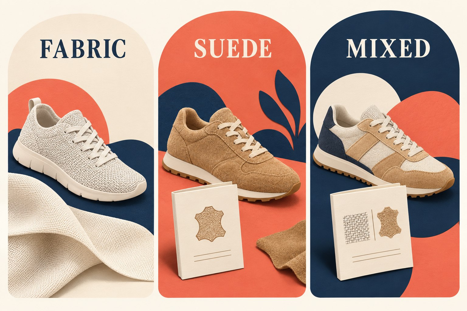 Fabric, suede and mixed-material shoes appear in three panels with care booklets.