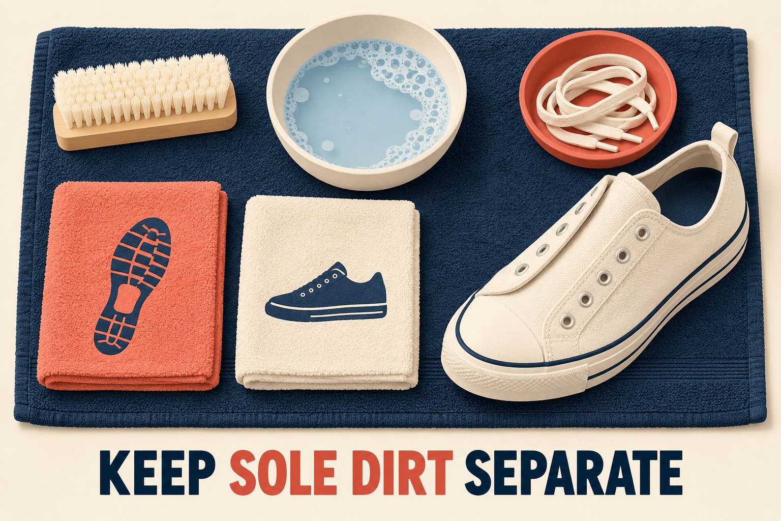 A brush, bowl, removed laces and separate sole and upper cloths form a small cleaning station.