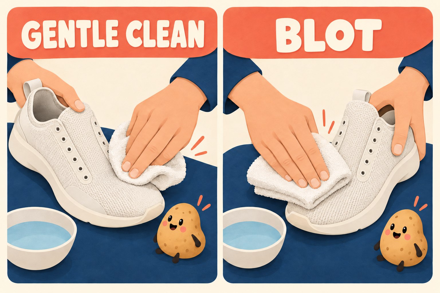Two panels show gentle cleaning of a sneaker upper and blotting with a cloth.