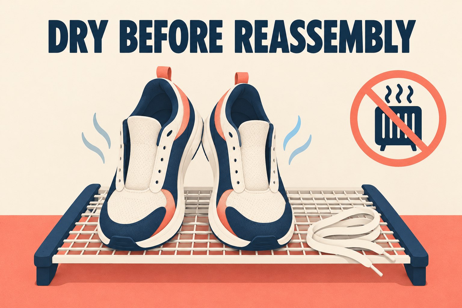 Unlaced shoes and their laces air dry on a rack beside a crossed-out heater icon.