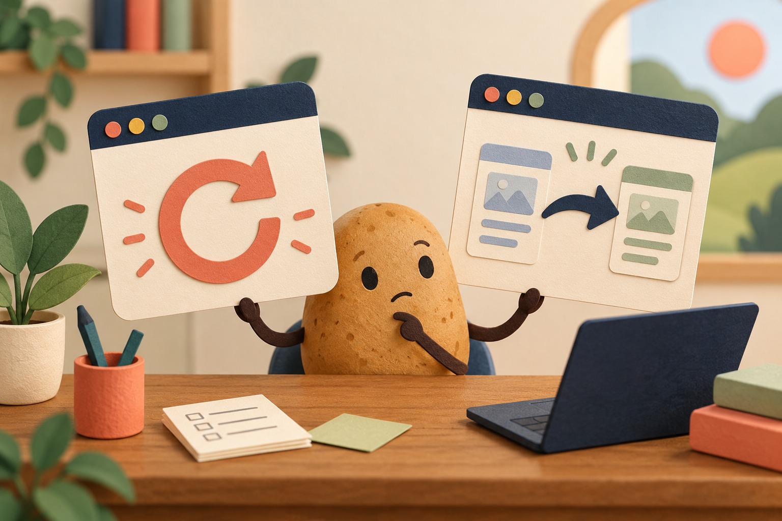A potato analyst compares a reload card with a pair of linked browser cards.