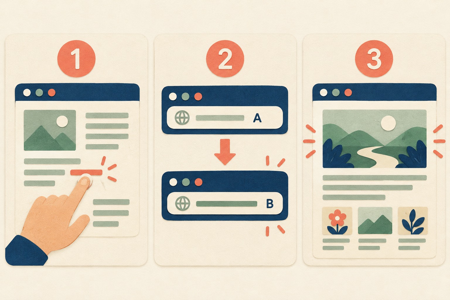 Three cards show a link activation, an address changing from A to B and new page content.