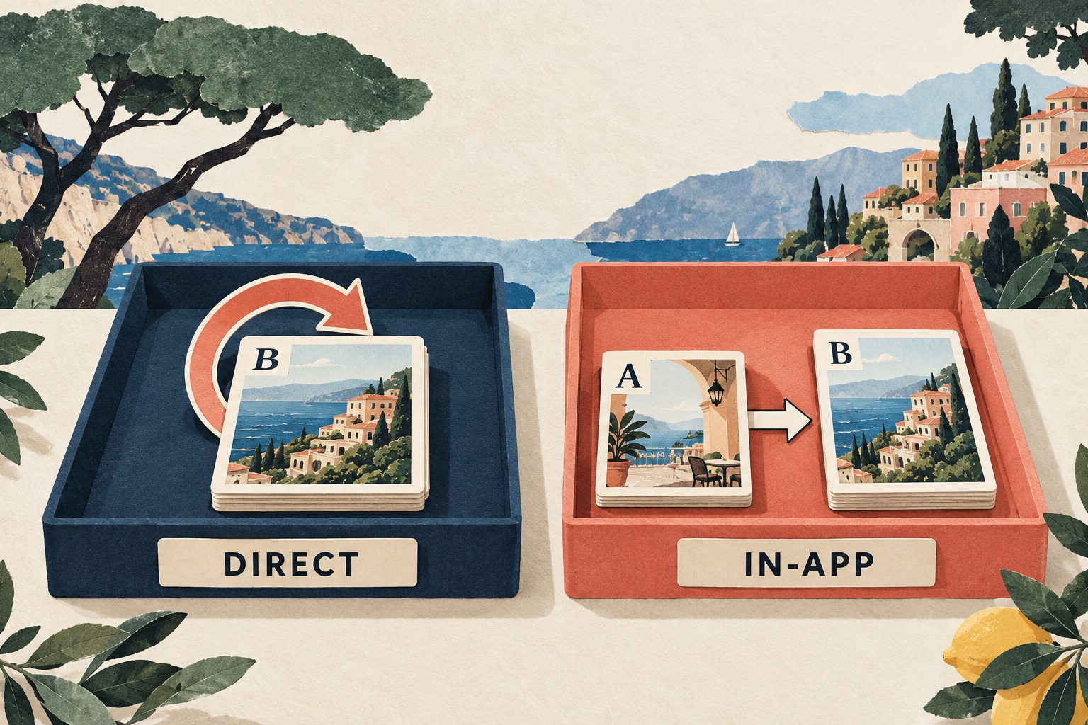 Separate DIRECT and IN-APP trays show two routes to the same destination B.
