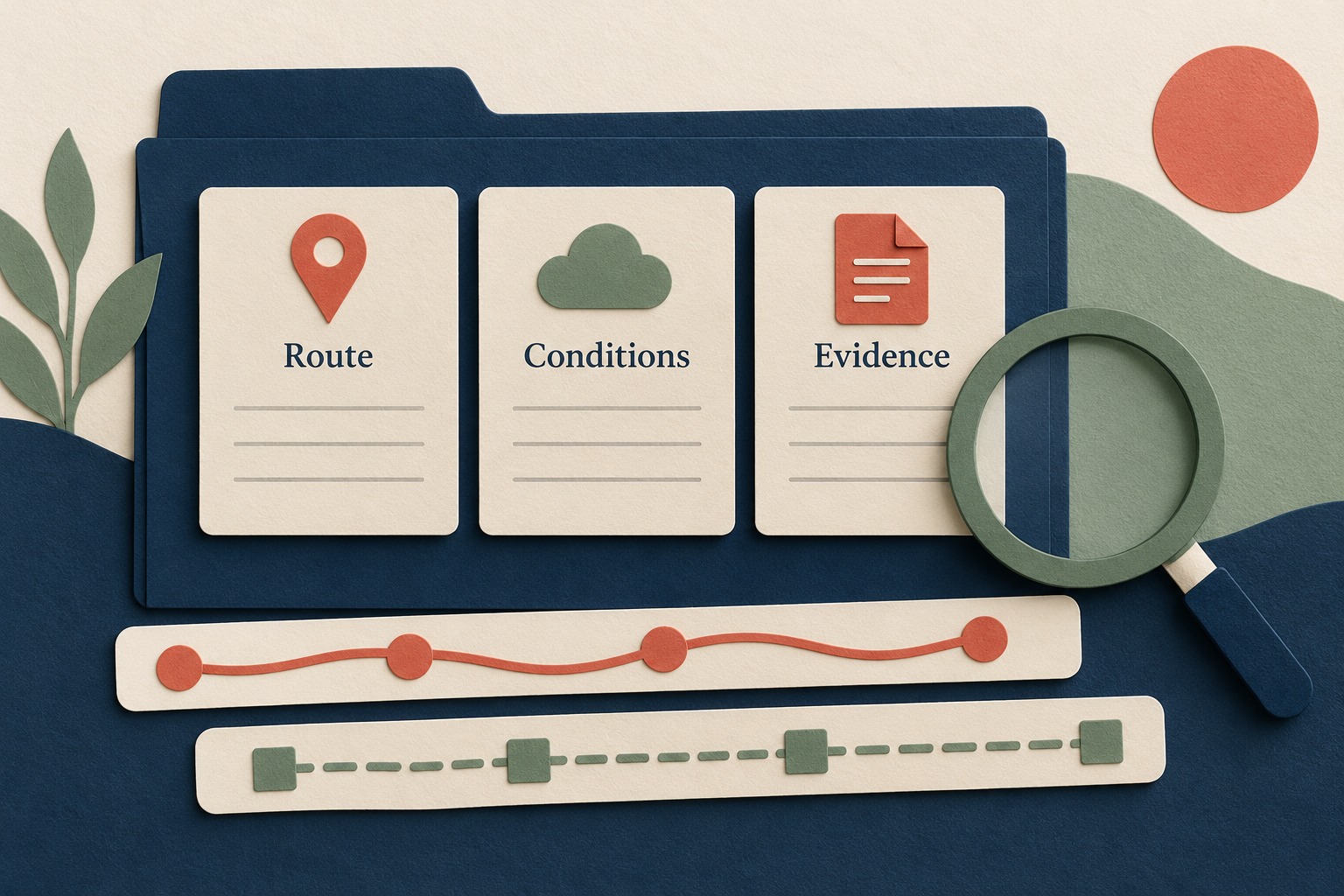 A review folder contains Route, Conditions and Evidence cards beside trace-like strips.