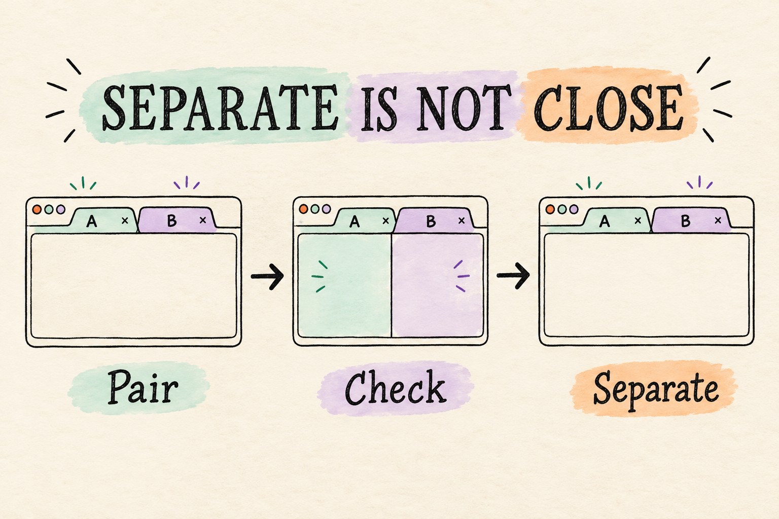Three-stage diagram keeps tabs A and B open before pairing, during split view and after separation