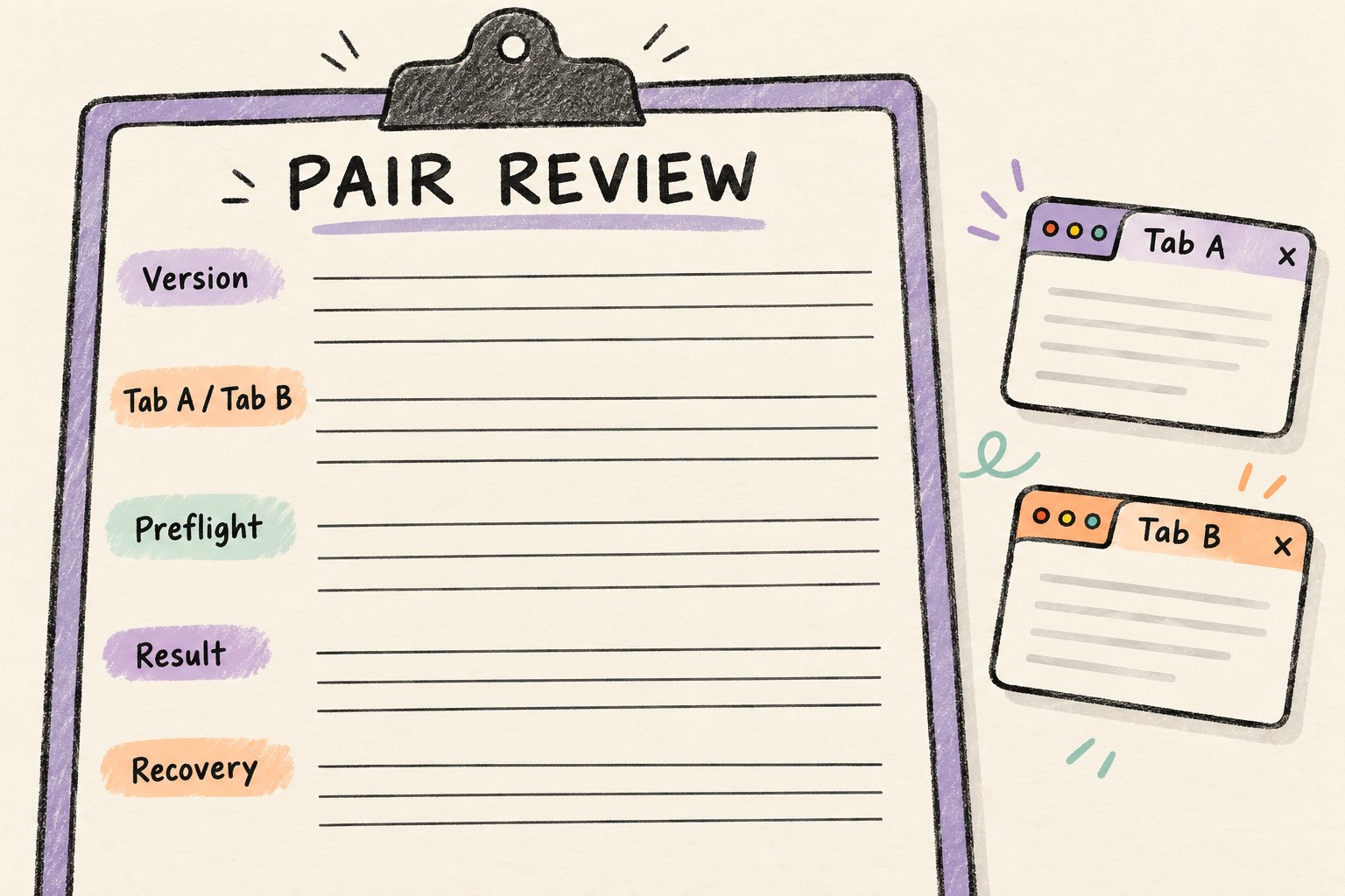 Blank pair review worksheet with version, selected tabs, preflight, result and recovery fields