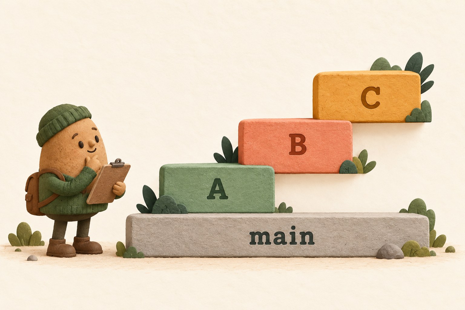 A potato engineer studies three ascending cards labeled A, B and C above a base labeled main.