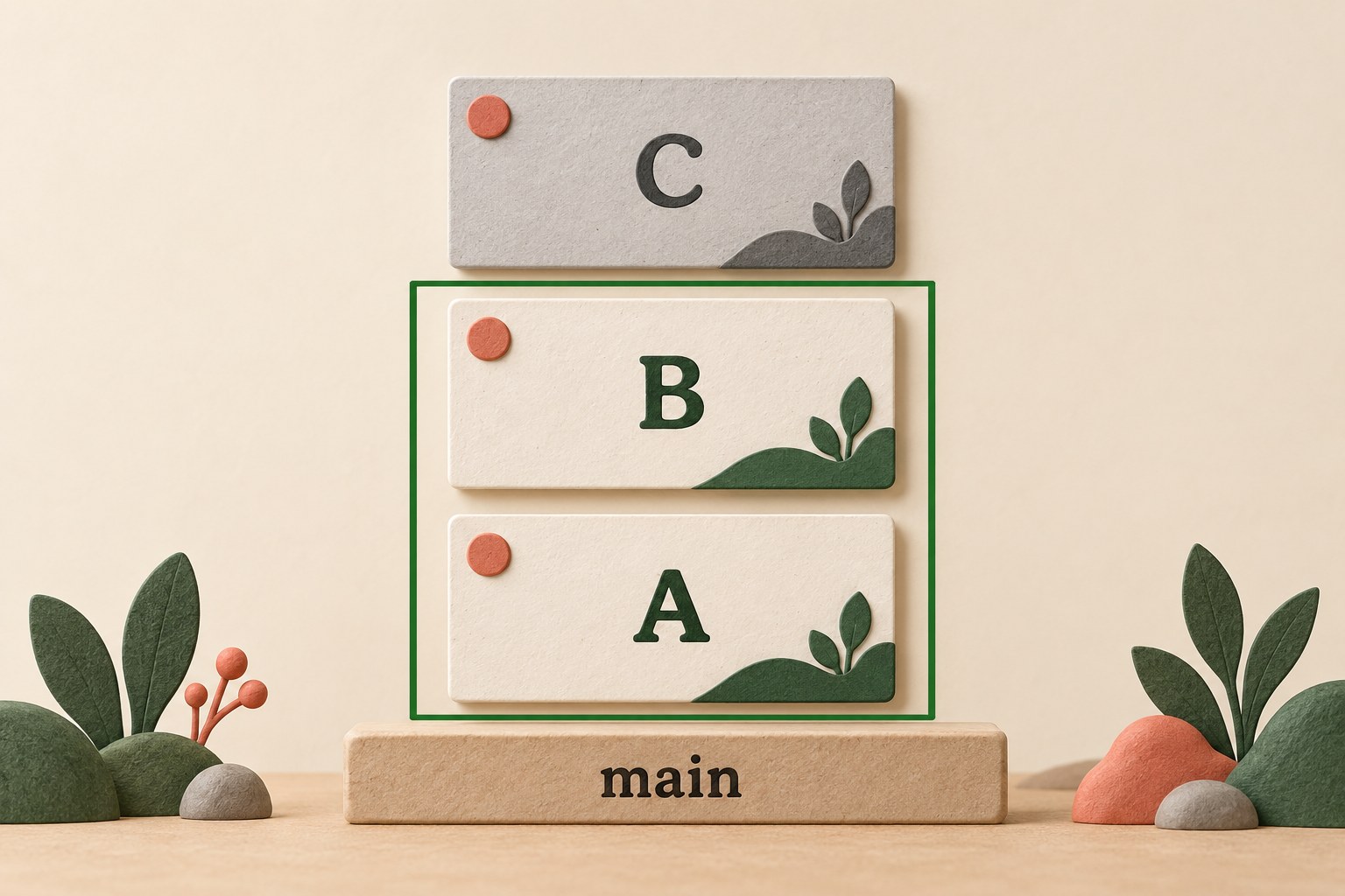 A green frame encloses lower cards A and B above main while the upper card C remains outside the frame.