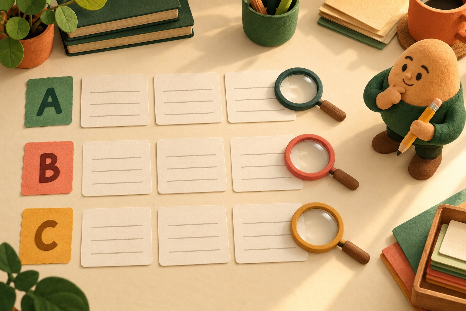 Separate rows labeled A, B and C each have blank evidence cards and a magnifying glass.