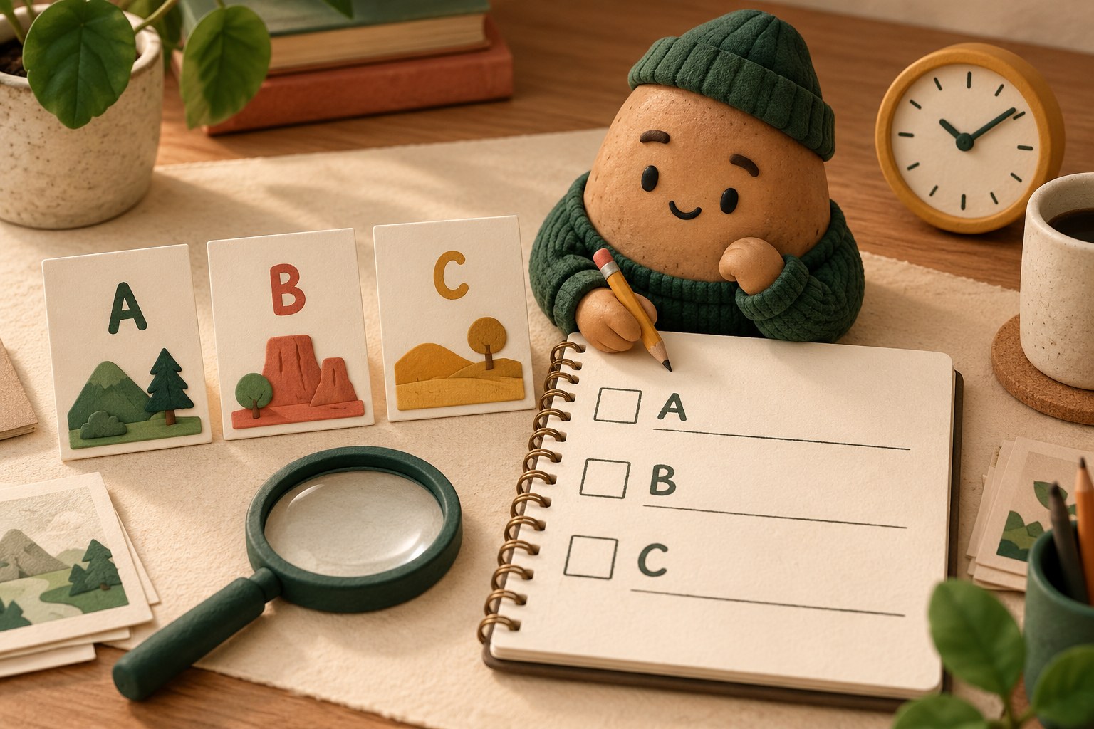 A potato engineer records separate rows for cards A, B and C in a notebook with empty checkboxes.