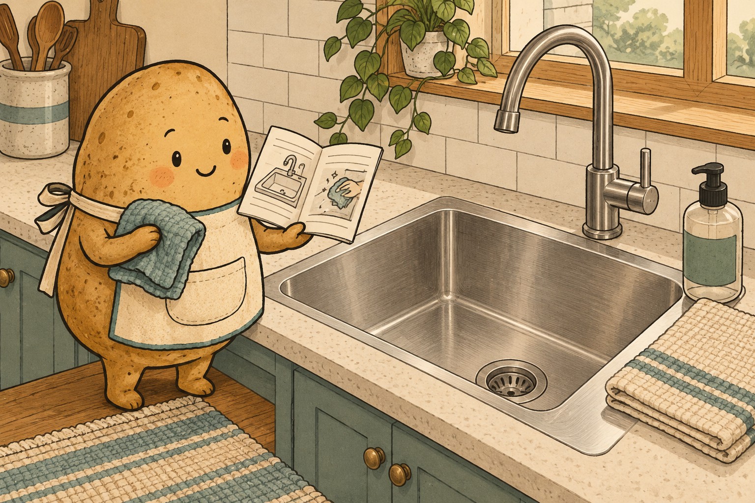 Potato mascot holds a soft cloth and care booklet beside an empty stainless steel sink.