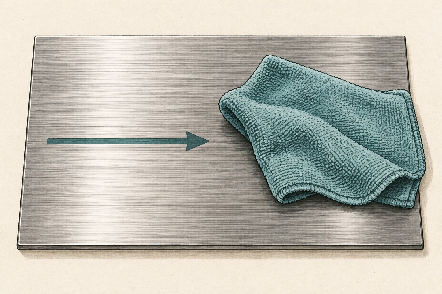 A teal arrow runs parallel to horizontal grain beside a soft cloth on a steel sample.