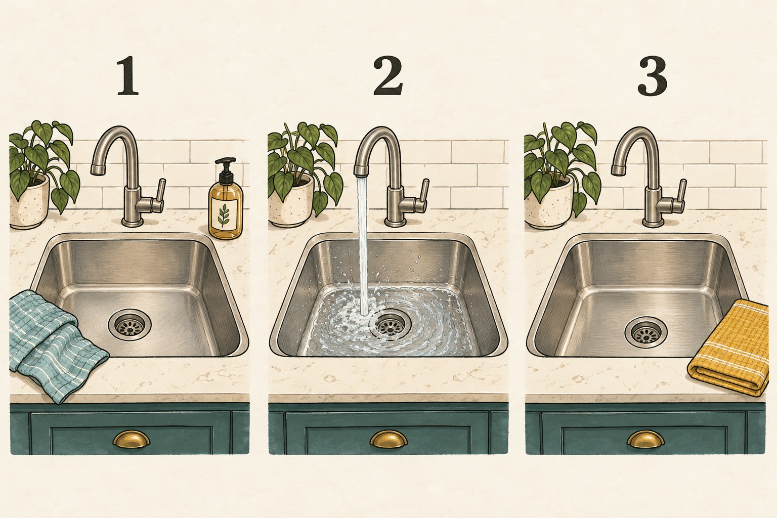 Three illustrated sink scenes show cleaning supplies, rinsing water and a dry basin.