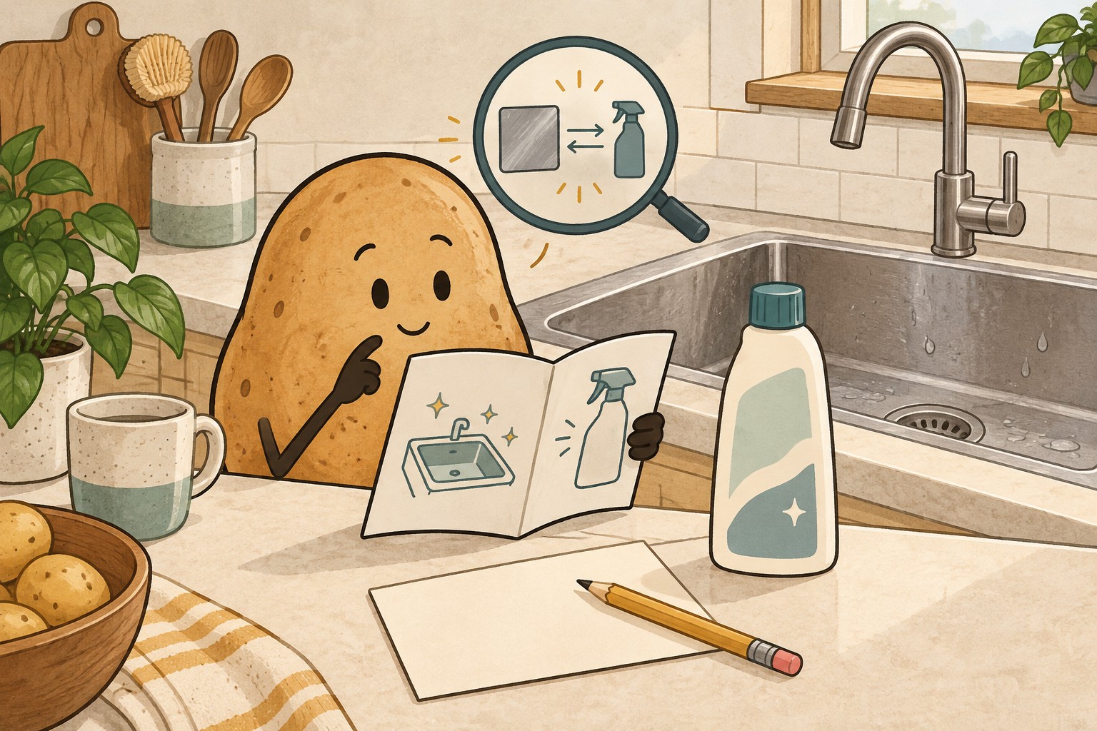 Potato mascot compares a care booklet and cleaner beside a sink with visible water marks.