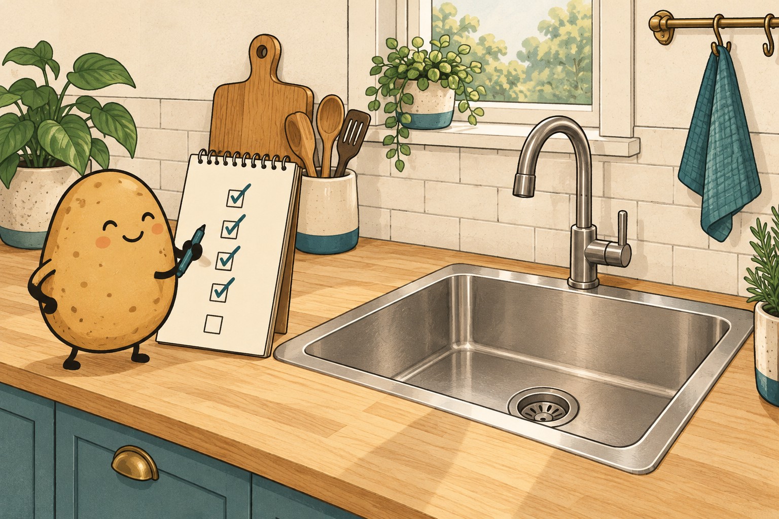 An empty sink sits beside a checklist, with a cloth hanging separately on a wall rail.