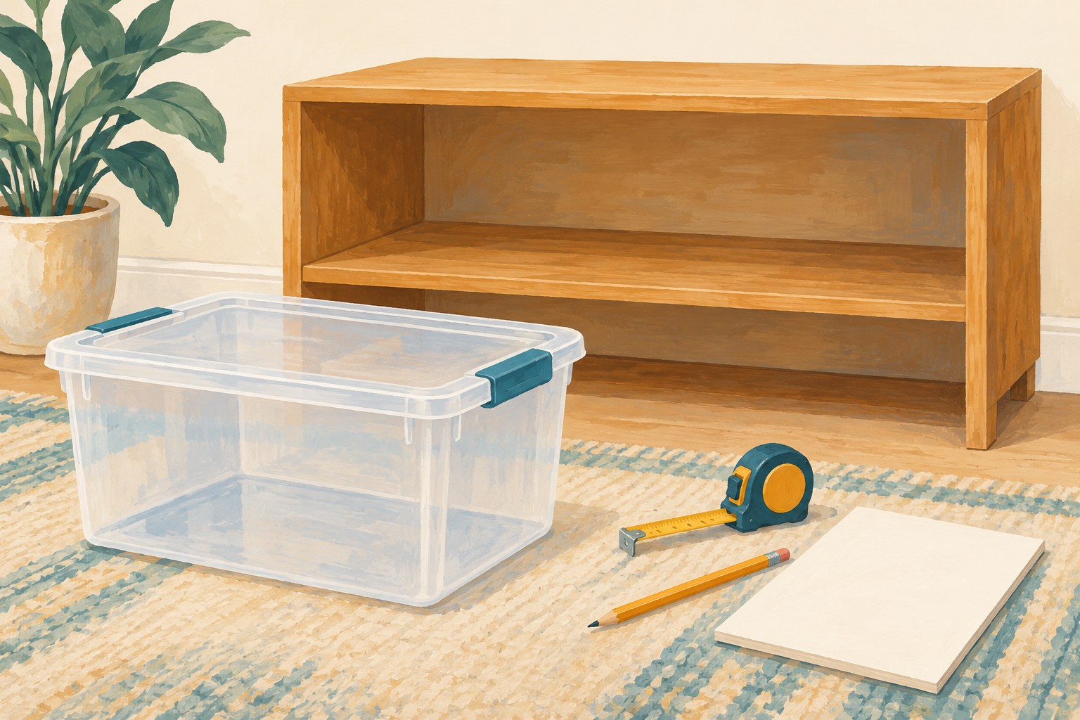 A lidded storage bin, tape measure and blank notebook sit in front of an open wooden shelf.