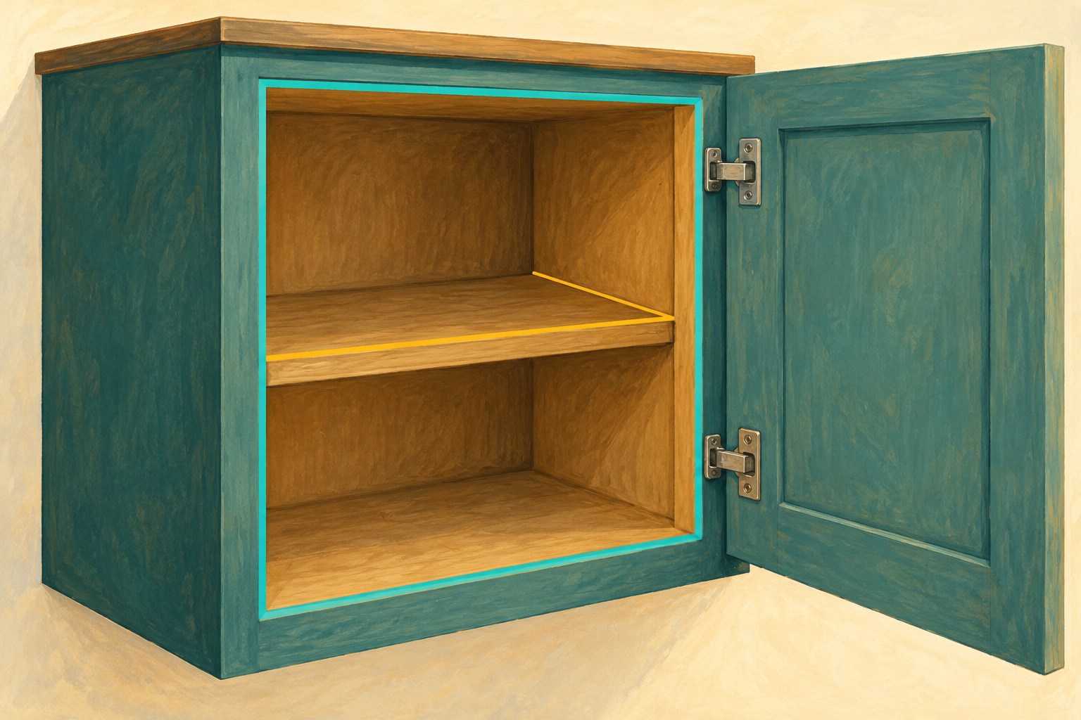 An open cabinet shows its front frame, shelf edges and hinges.