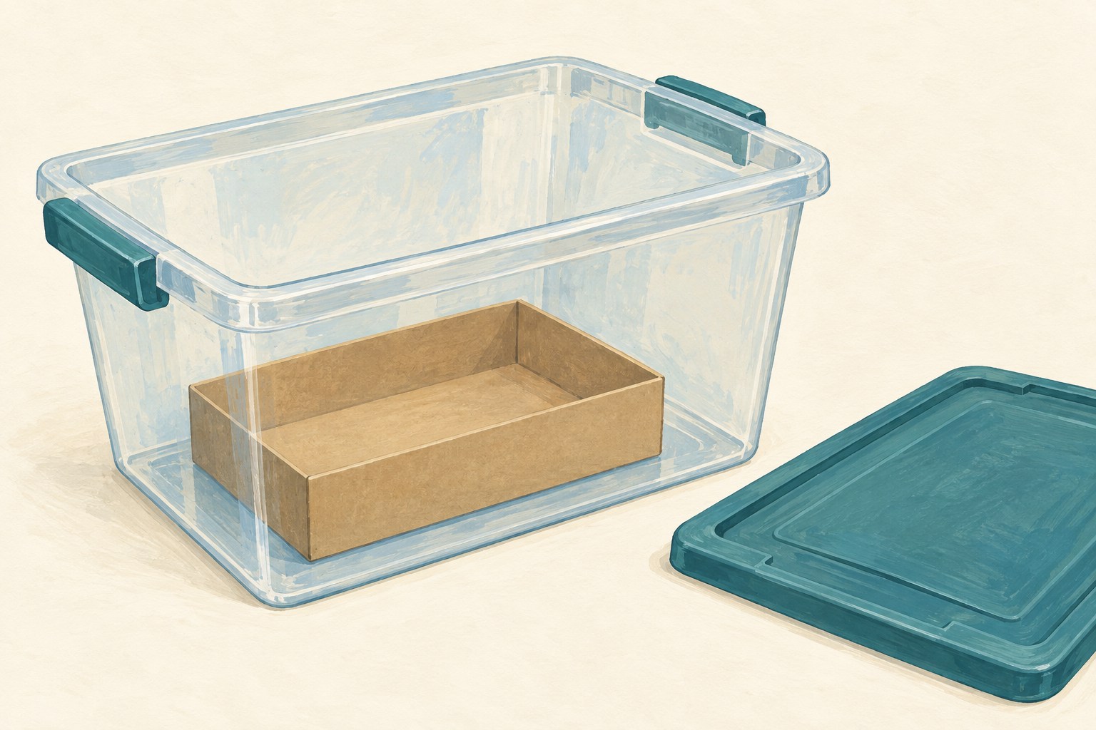 A tapered translucent bin holds a shallow rigid box, with its lid resting alongside.