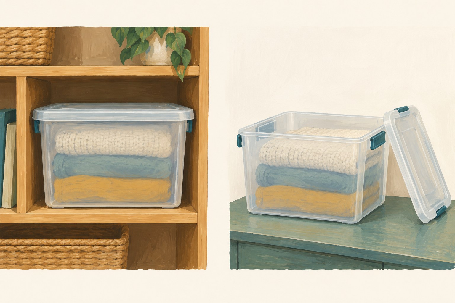 A closed bin on a shelf is compared with an open bin removed onto a nearby surface.