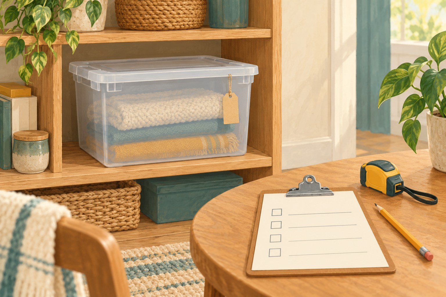 A storage bin sits on a shelf beside a blank checklist, tape measure and pencil.