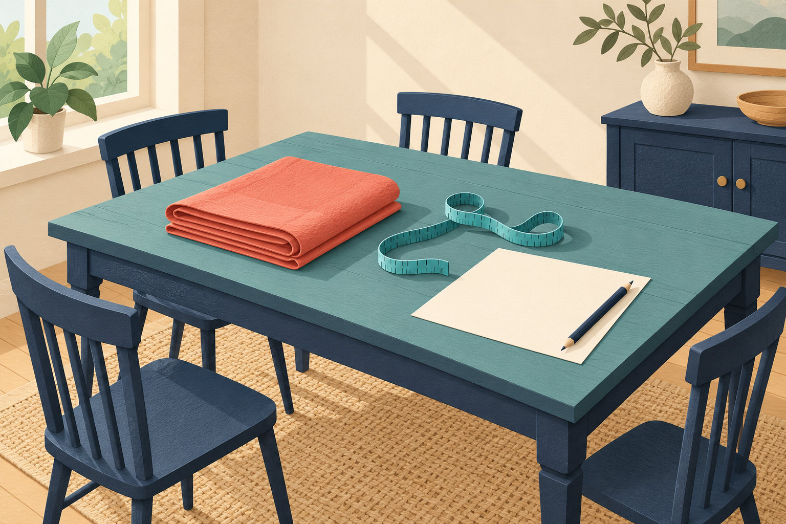 Folded coral tablecloth, measuring tape and blank record sheet on a rectangular teal dining table.