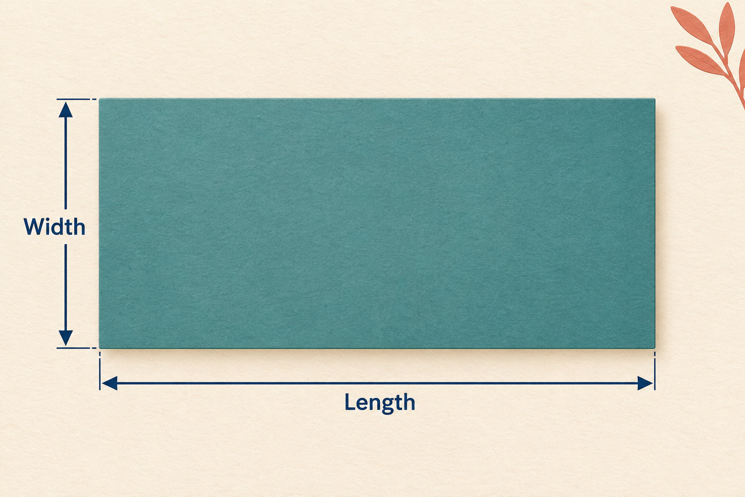 Top-down rectangular tabletop with a Width arrow across the short dimension and a Length arrow along the long dimension.