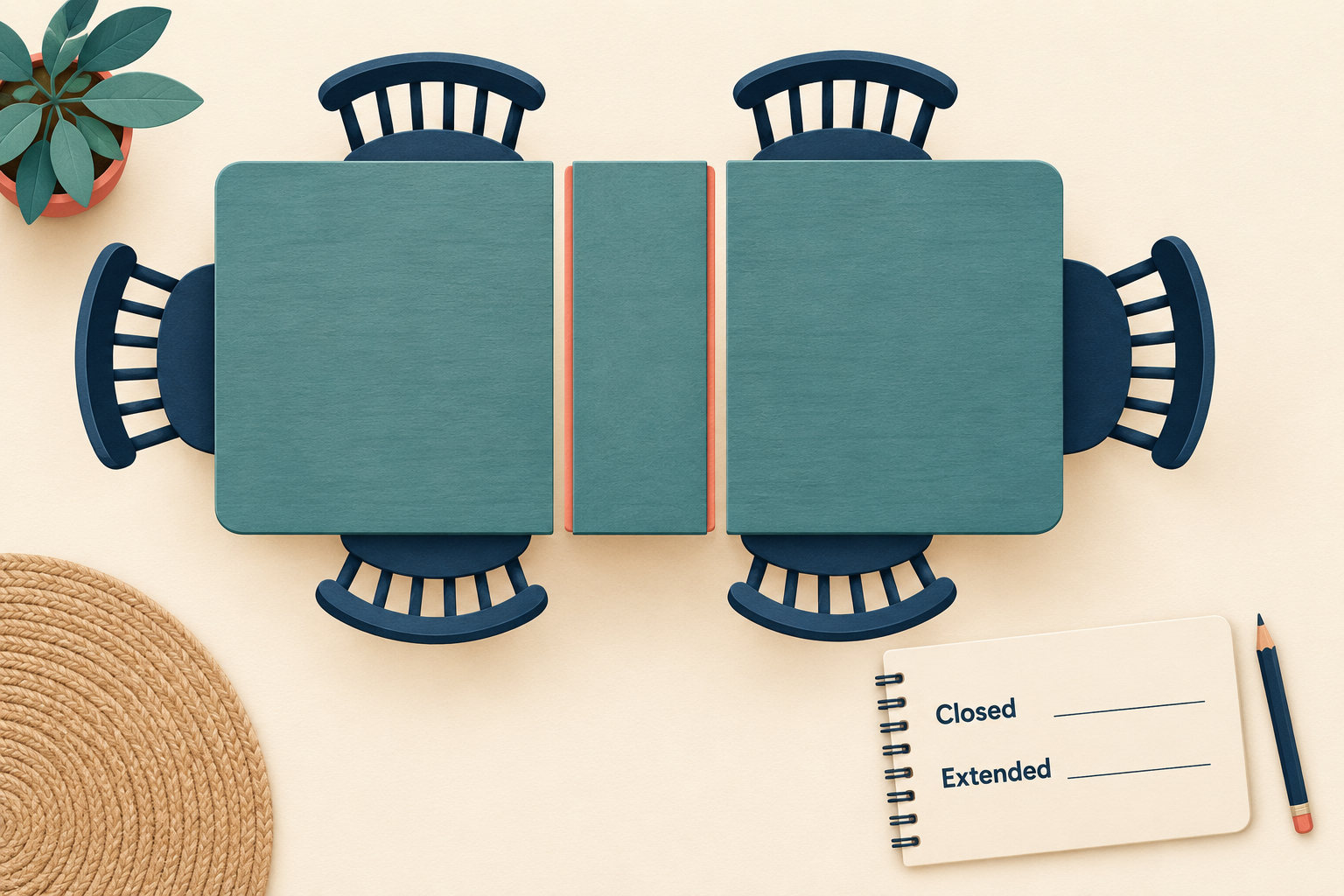 A table leaf sits between two tabletop halves beside a notebook with separate Closed and Extended lines.