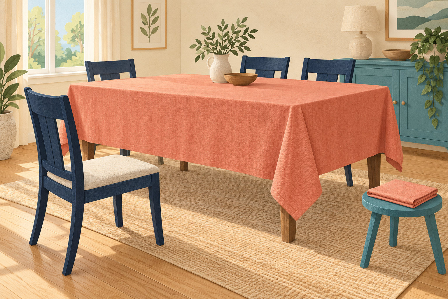 Coral cloth drapes over a rectangular table beside a pulled-out navy chair and a separate folded fabric sample.