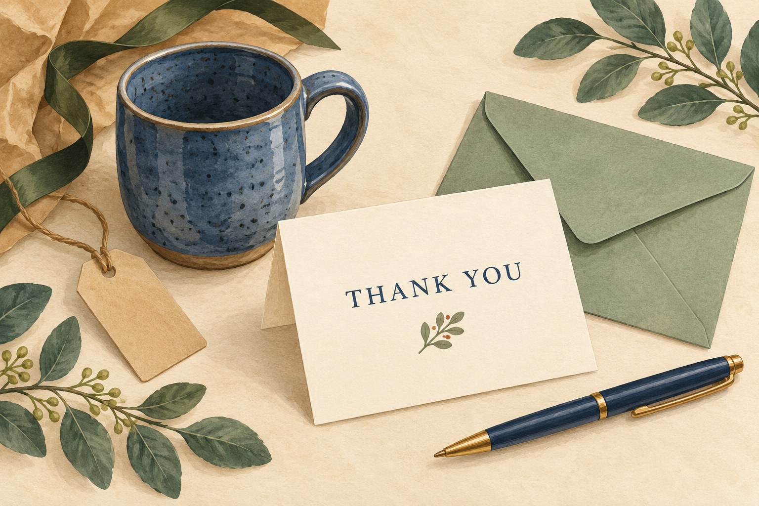 A blue ceramic mug, gift tag, thank-you card, envelope and pen arranged on a cream desk.