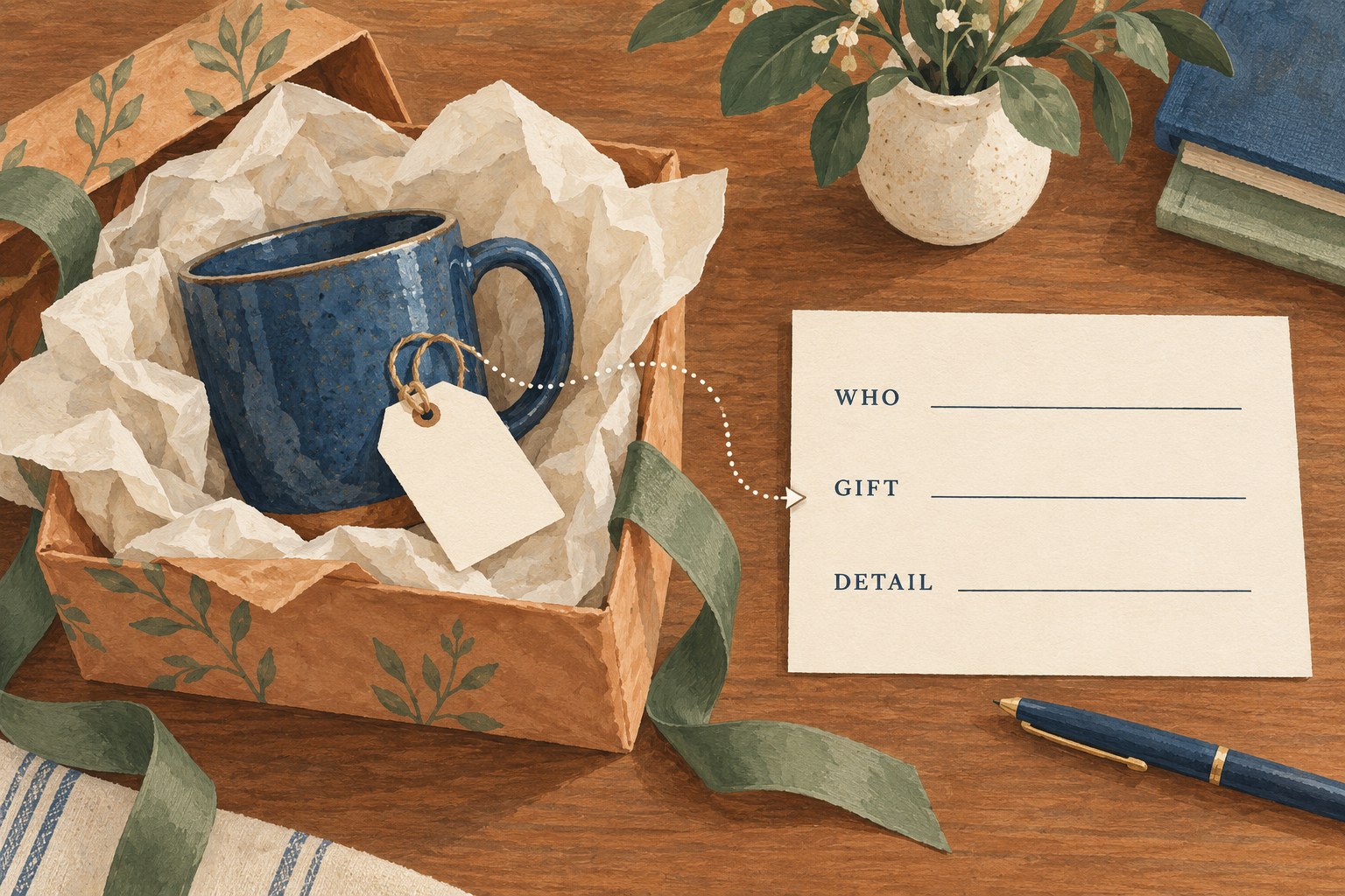 A blue mug and gift tag beside a planning card with blank lines for who, gift and detail.