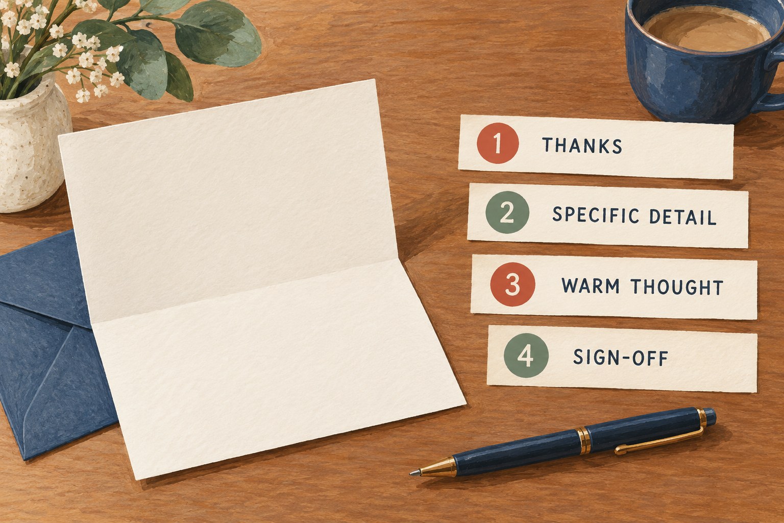 Four numbered writing prompts: thanks, specific detail, warm thought and sign-off.
