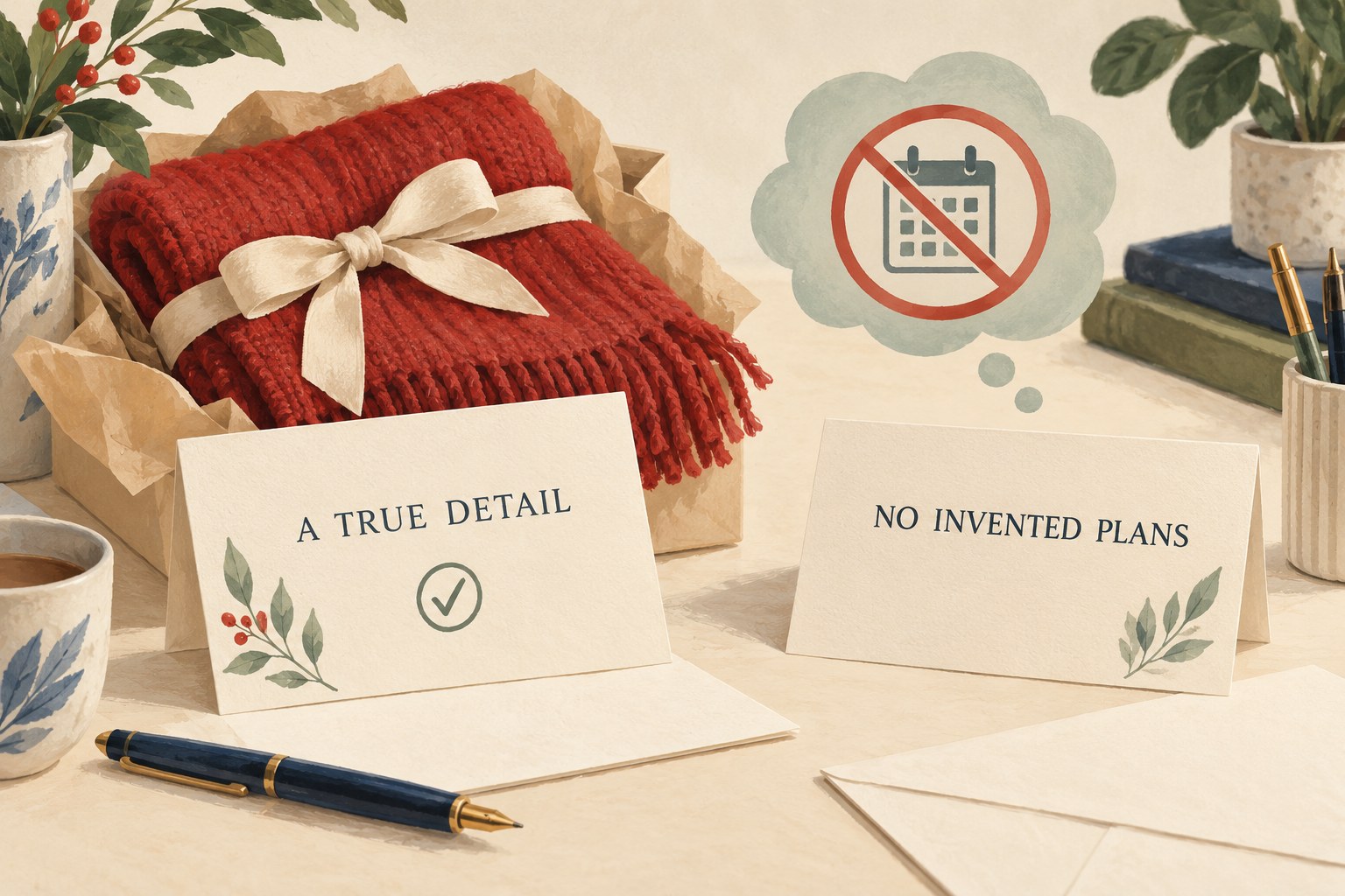 A scarf beside a card encouraging a true detail, with a second card cautioning against invented plans.