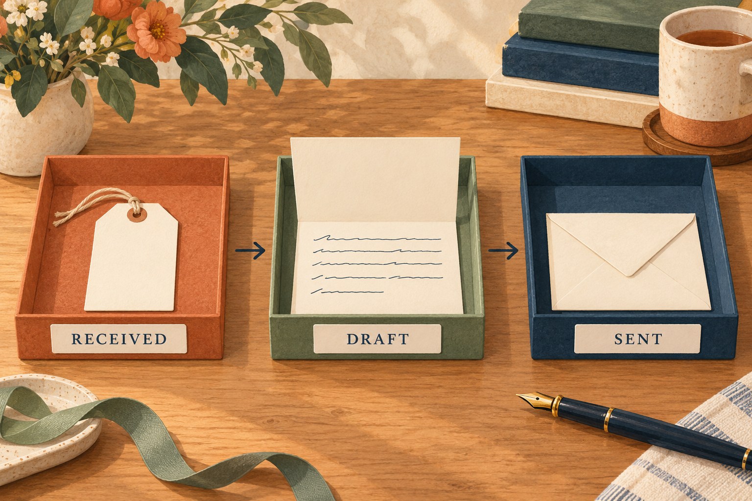 Three paper trays labeled received, draft and sent, showing the stages from gift record to outgoing note.