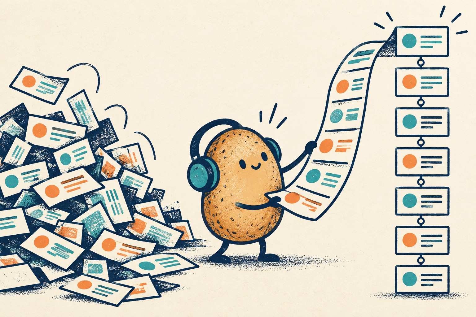 A potato editor wearing headphones organizes loose event cards into a vertical sequence.