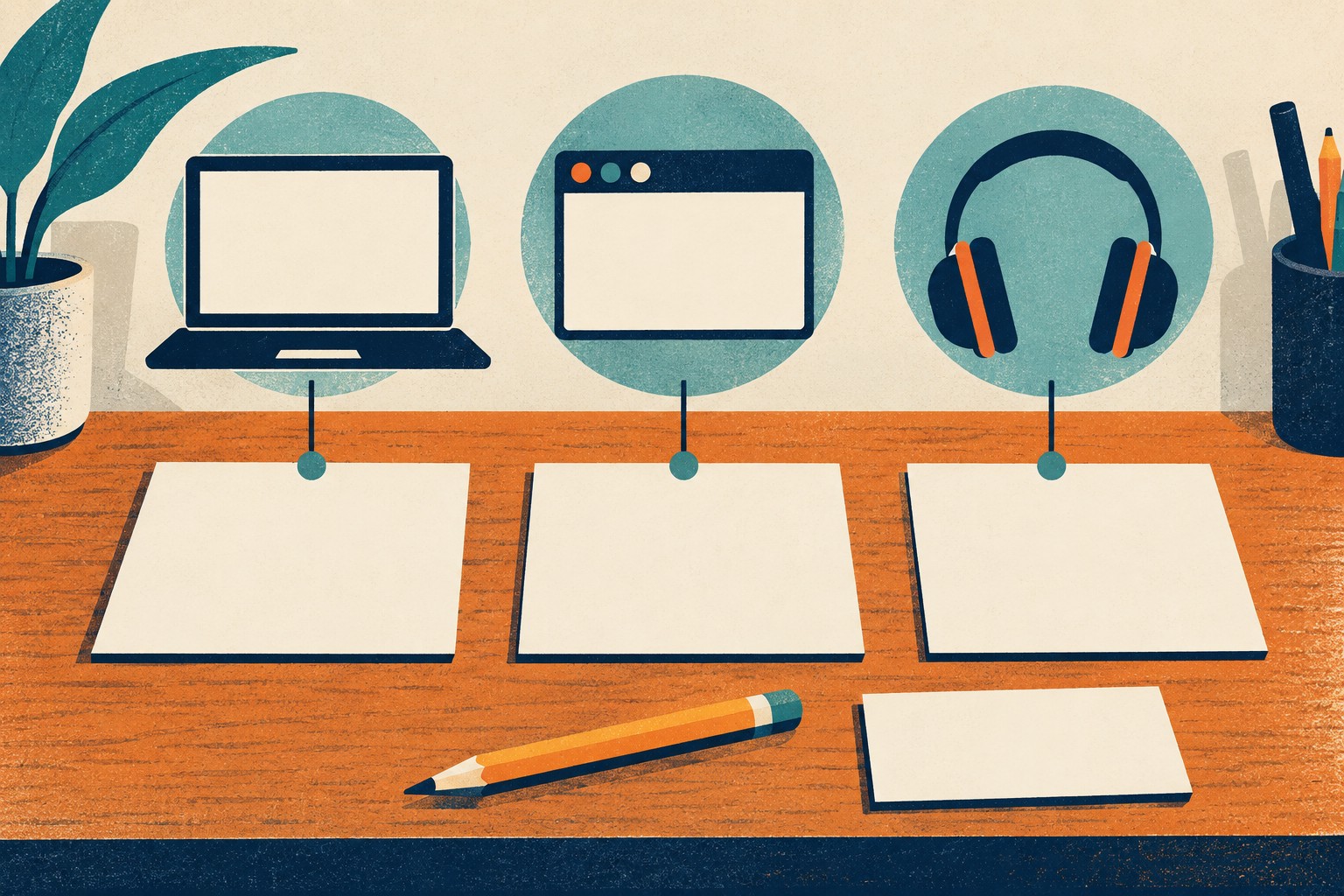 Blank setup cards beneath laptop, browser and headphone symbols.