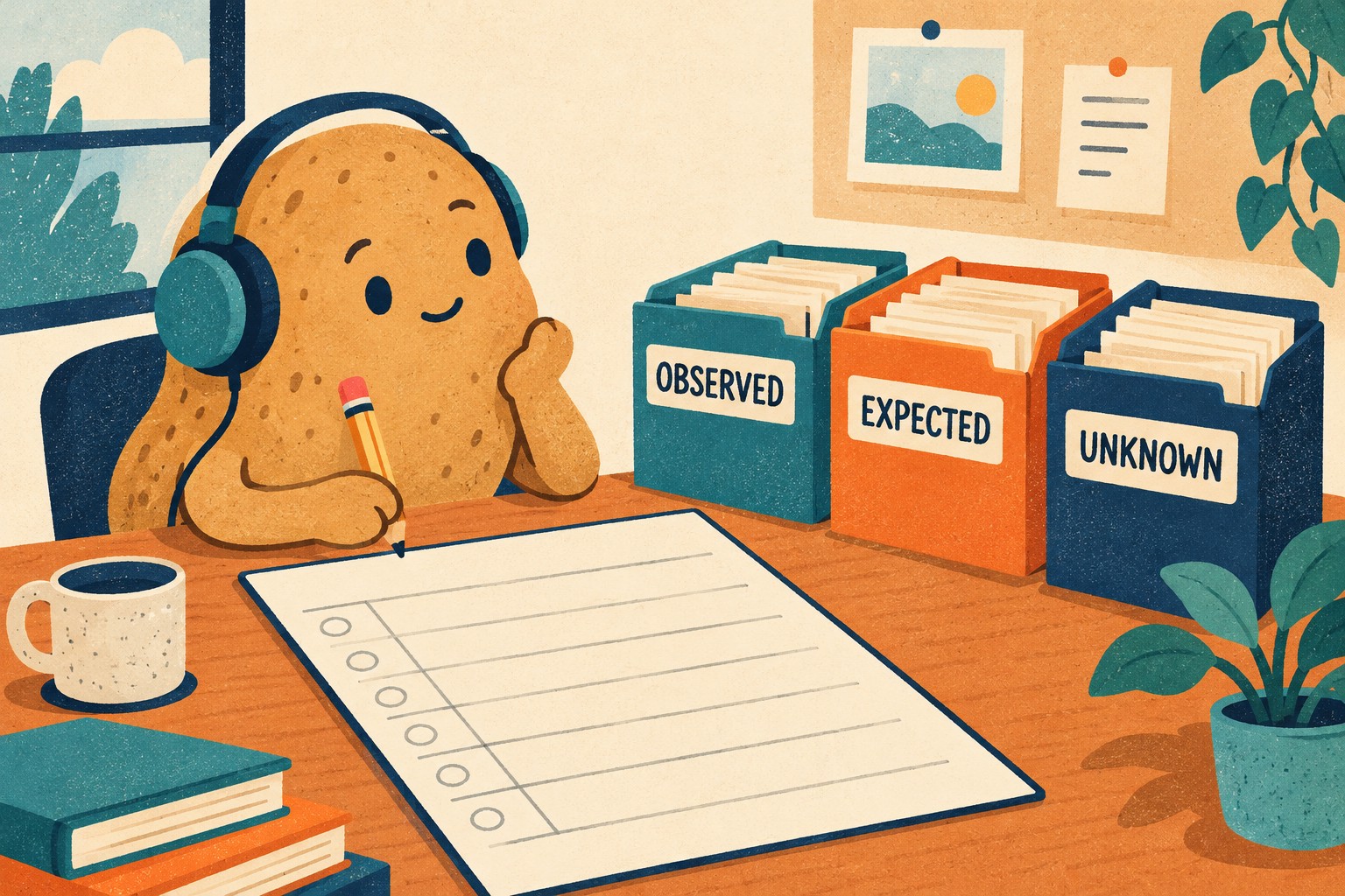 A potato clerk records observations beside folders labelled Observed, Expected and Unknown.