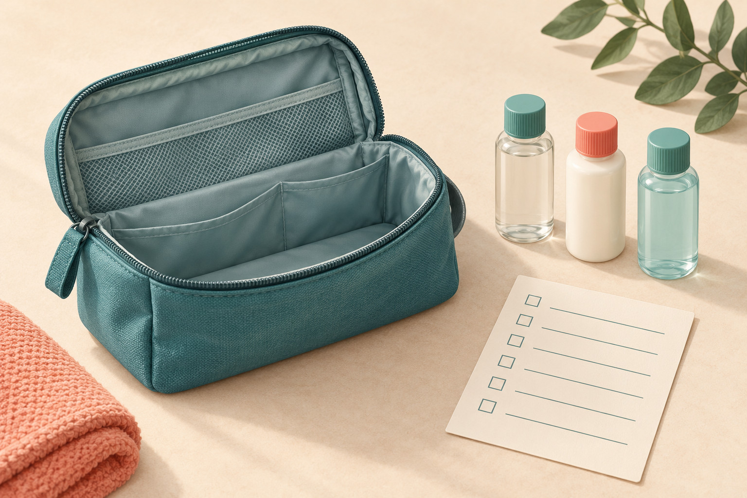 An open teal toiletry bag beside three capped bottles and a blank packing checklist.