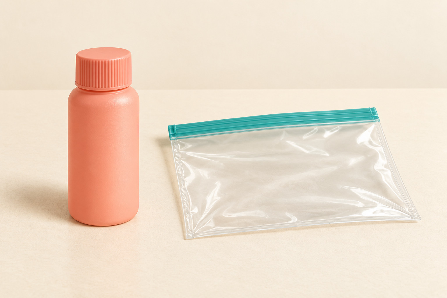 A coral bottle with its screw cap seated and a separate empty clear zip pouch.
