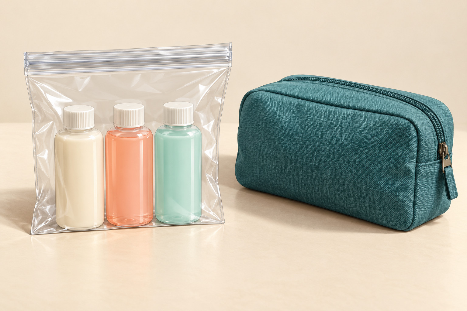 Three capped bottles in a clear zip bag beside a separate opaque teal toiletry pouch.