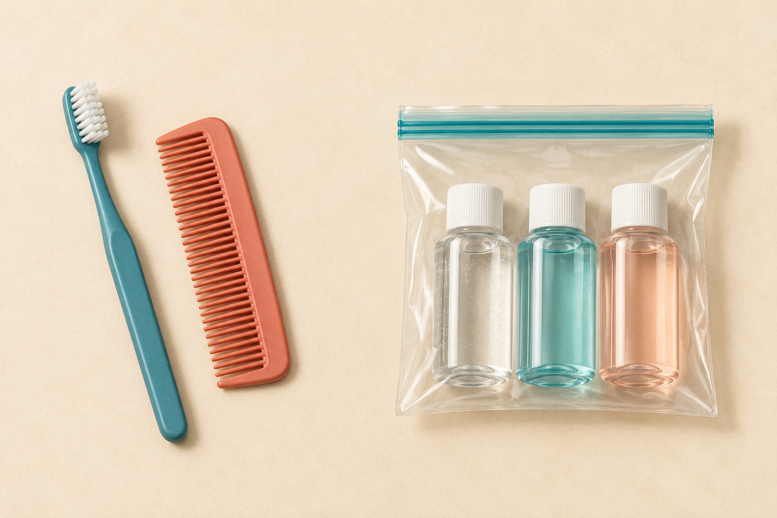 A toothbrush and comb separate from a clear zip bag holding three capped bottles.