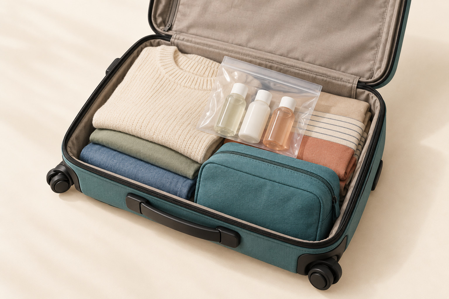 Open carry-on with a clear bag of capped bottles on top of folded clothes and a separate opaque toiletry pouch near the front.