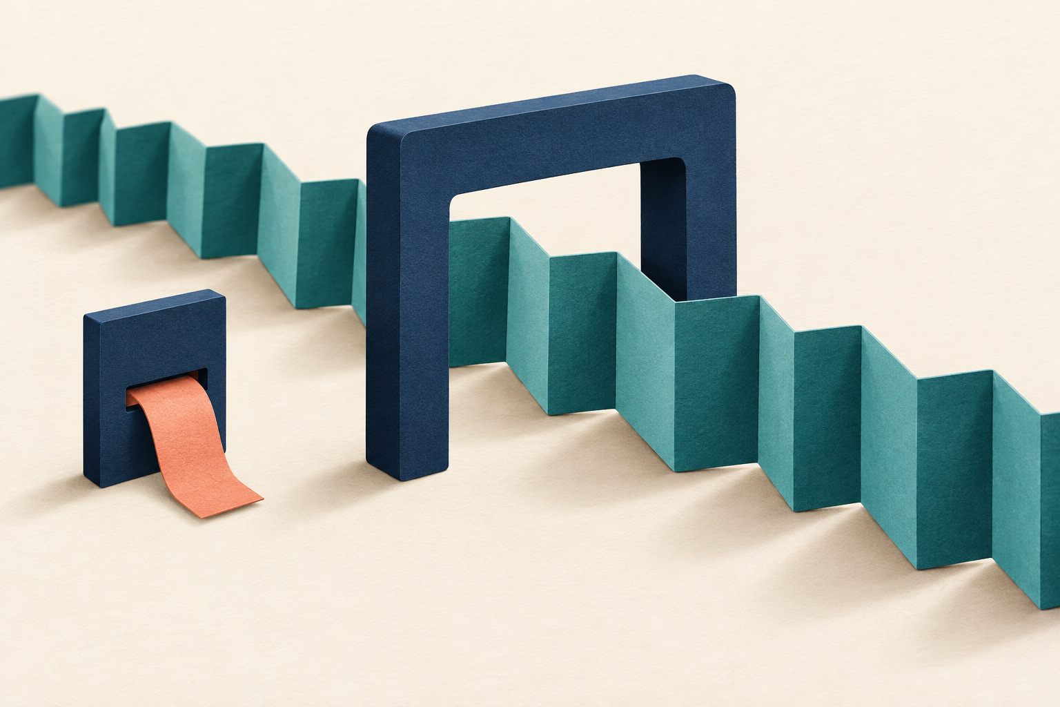 A long teal accordion-folded ribbon passes through a wide navy gate beside a small slot holding a short coral strip.