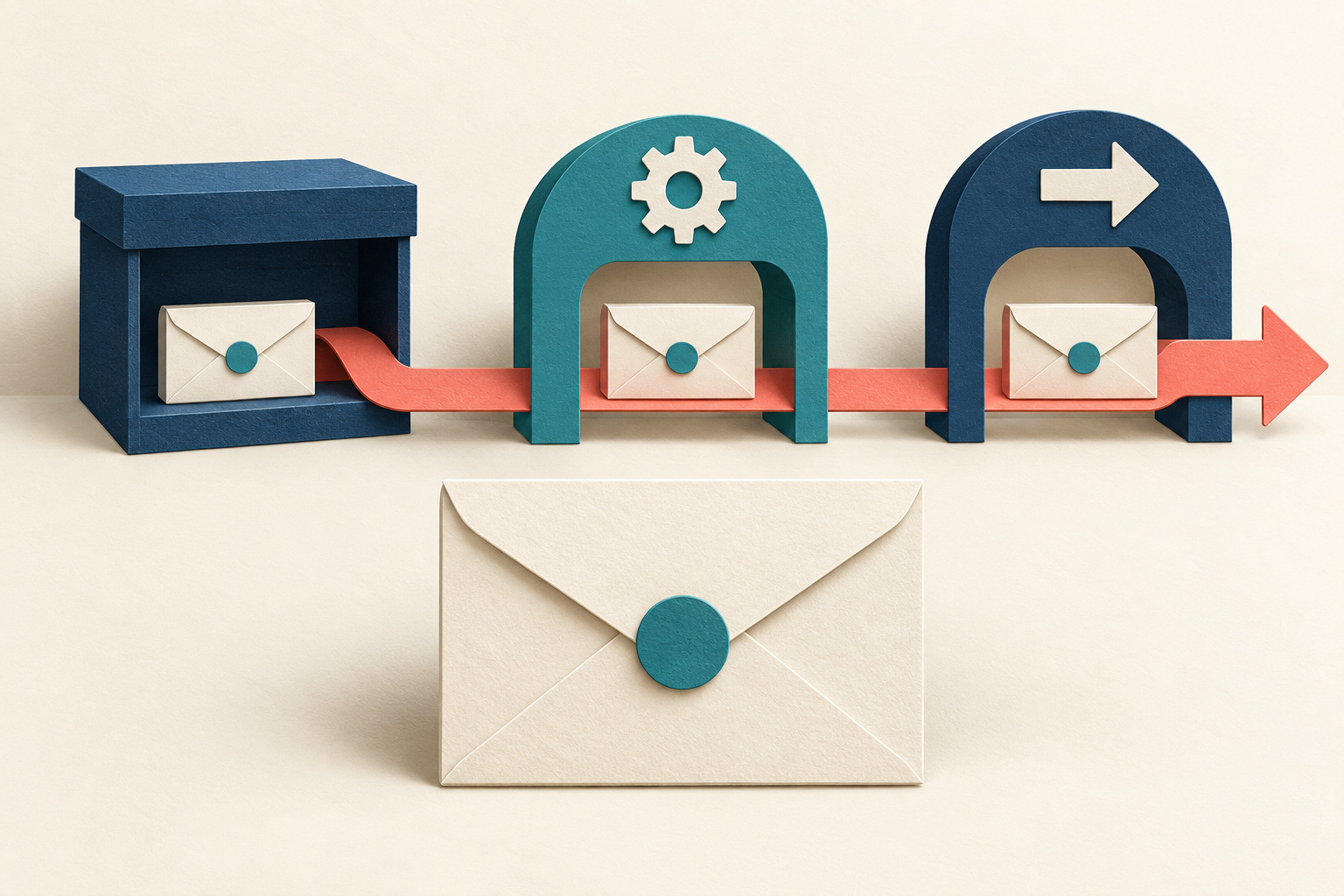 Sealed cream envelopes appear along a coral path through storage, gear-marked application, and arrow-marked request stations.